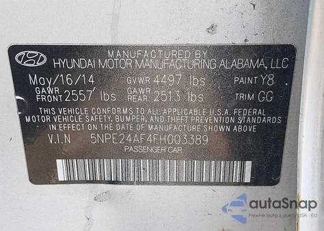 2015 Hyundai Sonata Se из США, поврежденный, VIN 5NPE24AF4FH003389